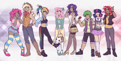 Size: 4960x2500 | Tagged: safe, artist:kikirdcz, character:applejack, character:fluttershy, character:pinkie pie, character:rainbow dash, character:rarity, character:spike, character:sunset shimmer, character:twilight sparkle, species:human, alternate hairstyle, applejack's hat, armpits, ball, belly button, belt, book, clothing, converse, cowboy hat, dark skin, dress, ear piercing, earring, eyeshadow, fingerless gloves, flannel, flower, gloves, hat, high heels, hoodie, humanized, implied shipping, implied sparity, implied straight, jewelry, makeup, mane seven, mane six, midriff, pants, piercing, ponytail, rose, scarf, shoes, shorts, simple background, skirt, sleeveless, sleeveless hoodie, smiling, socks, sports bra, stetson, stockings, straw in mouth, striped socks, sweatpants, thigh highs, white background