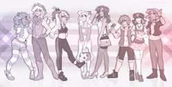 Size: 4096x2065 | Tagged: safe, alternate version, artist:kikirdcz, character:applejack, character:fluttershy, character:pinkie pie, character:rainbow dash, character:rarity, character:spike, character:sunset shimmer, character:twilight sparkle, species:human, alternate hairstyle, applejack's hat, armpits, ball, belly button, belt, book, clothing, converse, cowboy hat, dark skin, dress, ear piercing, earring, eyeshadow, fingerless gloves, flannel, flower, gloves, hat, high heels, hoodie, humanized, implied shipping, implied sparity, implied straight, jewelry, makeup, mane seven, mane six, midriff, pants, piercing, ponytail, rose, scarf, shoes, shorts, simple background, skirt, sleeveless, sleeveless hoodie, smiling, socks, sports bra, stetson, stockings, straw in mouth, striped socks, sweatpants, thigh highs, white background