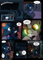 Size: 2480x3508 | Tagged: safe, artist:dsana, oc, oc:lullaby dusk, oc:rust wing, oc:thistledown, species:earth pony, species:pegasus, species:pony, comic:a storm's lullaby, comic, crying, female, filly, glowing eyes, male, night, questionable series, semi-grimdark series, stallion