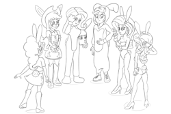 Size: 2400x1600 | Tagged: safe, artist:cybersquirrel, character:applejack, character:fluttershy, character:pinkie pie, character:rainbow dash, character:rarity, character:sunset shimmer, my little pony:equestria girls, animal costume, breasts, bunny costume, bunny ears, bunny suit, bunset shimmer, butt, cleavage, clothing, costume, face paint, fursuit, high heels, monochrome, onesie, shoes, simple background, sketch, white background