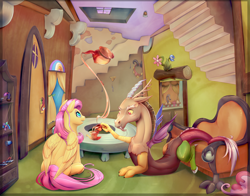 Size: 2000x1571 | Tagged: safe, artist:viwrastupr, character:discord, character:fluttershy, character:pinkie pie, character:princess celestia, species:draconequus, species:pegasus, species:pony, couch, cup, discord's house, door, flower, food, lamp, pinklestia, stairs, tatzlwurm, tea, tea party, teacup, teapot, toy, upside down, window