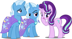 Size: 2847x1564 | Tagged: safe, artist:jeatz-axl, artist:pilot231, artist:whalepornoz, edit, editor:slayerbvc, character:starlight glimmer, character:trixie, species:pony, species:unicorn, blushing, cape, clothing, embarrassed, female, frown, half r63 shipping, implied shipping, implied startrix, jealous, looking back, male, mare, ponidox, r63 paradox, raised eyebrow, rule 63, self ponidox, shipping, simple background, stallion, straight, transparent background, tristan, trixie's cape, vector, vector edit