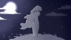 Size: 1920x1080 | Tagged: safe, artist:andelai, character:twilight sparkle, character:twilight sparkle (alicorn), species:alicorn, species:pony, crying, female, grass, immortality blues, jewelry, mare, monochrome, moon, regalia, sad, solo, stars