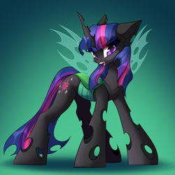 Size: 3000x3000 | Tagged: safe, artist:airiniblock, rcf community, character:twilight sparkle, species:changeling, changelingified, female, gradient background, green background, simple background, solo, species swap