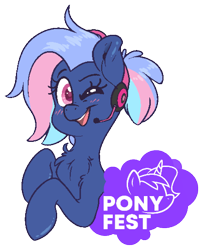 Size: 1537x1897 | Tagged: safe, artist:fluffyxai, oc, oc only, oc:bit rate, species:pony, cute, happy, looking at you, mascot, one eye closed, pixel art, ponyfest online, simple background, smiling, solo, text, transparent background, wink, winking at you