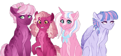 Size: 6000x2799 | Tagged: safe, artist:azure-art-wave, character:cheerilee, character:clear sky, character:wind sprint, oc, oc:rosemary, parent:cheerilee, parent:clear sky, parents:cheerisky, species:earth pony, species:pegasus, species:pony, species:unicorn, absurd resolution, female, filly, magical lesbian spawn, mare, offspring, older, simple background, transparent background
