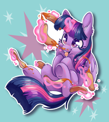 Size: 3691x4096 | Tagged: safe, artist:cutepencilcase, character:twilight sparkle, character:twilight sparkle (alicorn), species:alicorn, species:pony, blue background, cheek fluff, chest fluff, cute, cutie mark, cutie mark background, ear fluff, female, food, high res, i'm pancake, leg fluff, magic, mare, open mouth, pancakes, simple background, solo, syrup, telekinesis, tongue out, twiabetes