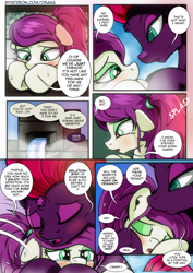 Size: 2480x3508 | Tagged: safe, artist:dsana, character:fizzlepop berrytwist, character:tempest shadow, oc, oc:thistledown, species:earth pony, species:pony, species:unicorn, comic:a storm's lullaby, canon x oc, comic, crying, cute, dsana is trying to murder us, duo, eyes closed, female, hug, lesbian, mare, questionable series, semi-grimdark series, shipping, teary eyes