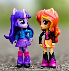 Size: 1024x1055 | Tagged: safe, artist:artofmagicpoland, character:sunset shimmer, character:twilight sparkle, ship:sunsetsparkle, my little pony:equestria girls, doll, equestria girls minis, female, lesbian, looking at each other, merchandise, shipping, song reference, toy