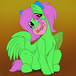 Size: 3500x3500 | Tagged: safe, artist:airfly-pony, part of a set, oc, oc only, oc:zippy sparkz, species:pegasus, species:pony, blue eyes, bow, commission, gradient background, green fur, hair bow, head tilt, heart, pegasus oc, pink hair, sitting, wings, ych result