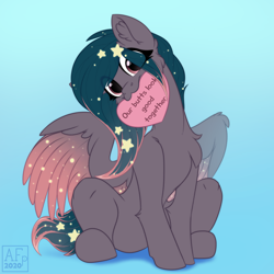 Size: 3500x3500 | Tagged: safe, artist:airfly-pony, part of a set, oc, oc only, oc:star universe, species:pegasus, species:pony, commission, cute, ethereal mane, ethereal wings, female, head tilt, heart, implying, looking at you, message, mouth hold, simple background, solo, spread wings, subtle as a train wreck, text, wings, ych result