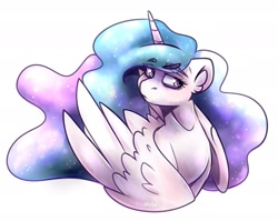 Size: 2374x1893 | Tagged: safe, artist:lrusu, character:princess celestia, species:alicorn, species:pony, bags under eyes, bust, ear fluff, ethereal mane, female, mare, simple background, solo, white background