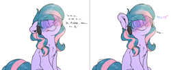 Size: 8500x3500 | Tagged: safe, artist:fluffyxai, oc, oc only, oc:berry twist, 2 panel comic, accessories, blushing, chest fluff, comic, disgruntled, drool, earbuds, frown, hypnogear, hypnosis, hypnotized, kaa eyes, lip bite, simple background, sitting, smiling, solo, sweat, sweatdrop, visor, white background