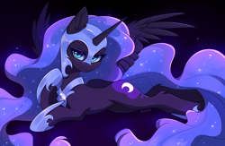 Size: 2000x1307 | Tagged: safe, artist:fensu-san, derpibooru original, edit, character:nightmare moon, character:princess luna, species:alicorn, species:pony, armor, cute, ear fluff, explicit source, female, looking at you, mare, moonabetes, prone, sfw edit, slit eyes, slit pupils, solo, spread wings, wings
