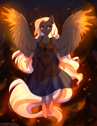 Size: 2177x2837 | Tagged: safe, artist:fensu-san, oc, oc only, species:anthro, species:pegasus, species:pony, species:unguligrade anthro, anthro oc, clothing, dress, female, fire, looking at you, mare, solo, wings