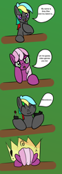 Size: 1024x2844 | Tagged: safe, artist:platinumdrop, character:cheerilee, oc, oc:grey disc, species:pony, colt, comic, controller, dialogue, female, filly, joystick, male, speech bubble