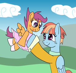 Size: 2048x1964 | Tagged: safe, artist:platinumdrop, character:scootaloo, character:windy whistles, species:pegasus, species:pony, ballerina, clothing, dress, holding, holding a pony, kiss mark, lipstick, request, scootalove, tutu