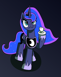 Size: 1613x2048 | Tagged: safe, artist:platinumdrop, character:princess luna, species:alicorn, species:pony, coffee, cup, female, gradient background, looking up, mare, saucer, serious, serious face, solo