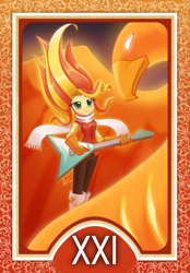 Size: 1200x1728 | Tagged: safe, artist:howxu, part of a set, character:sunset shimmer, species:phoenix, my little pony:equestria girls, clothing, cosplay, costume, electric guitar, female, flcl, flying v, gloves, guitar, guitar pick, haruhara haruko, musical instrument, roman numerals, solo, symbol, tarot card, the world, windswept hair