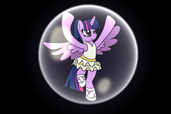 Size: 2048x1365 | Tagged: safe, artist:platinumdrop, character:twilight sparkle, character:twilight sparkle (alicorn), species:alicorn, species:pony, ballerina, black background, bubble, clothing, dancing, female, leotard, mare, pose, request, simple background, skirt, smiling, solo, spread wings, tutu, twilarina, wings