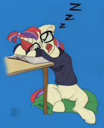Size: 1628x2000 | Tagged: safe, artist:airfly-pony, patreon reward, character:moondancer, species:pony, species:unicorn, blue background, book, eyes closed, female, glasses, mare, onomatopoeia, open mouth, patreon, pillow, simple background, sitting, sleeping, snoring, sound effects, table, zzz