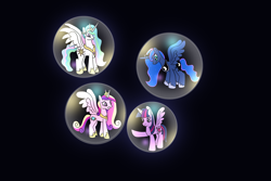 Size: 3072x2048 | Tagged: safe, artist:platinumdrop, character:princess cadance, character:princess celestia, character:princess luna, character:twilight sparkle, character:twilight sparkle (alicorn), species:alicorn, species:pony, angry, bubble, in bubble, request, scared, trapped