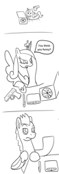 Size: 600x1750 | Tagged: safe, artist:platinumdrop, character:princess cadance, oc, oc:platinumdrop, angry, comic, doodle, drawing tablet, food, gun, monochrome, pizza, simple background, weapon
