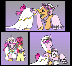 Size: 2048x1880 | Tagged: safe, artist:platinumdrop, character:apple bloom, character:princess cadance, character:scootaloo, character:sweetie belle, species:alicorn, species:earth pony, species:pegasus, species:pony, species:unicorn, bride, clothing, dress, female, filly, flower filly, flower girl, flower girl dress, hug, mare, marriage, request, wedding, wedding dress
