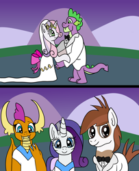 Size: 1024x1260 | Tagged: safe, artist:platinumdrop, character:pipsqueak, character:rarity, character:smolder, character:spike, character:sweetie belle, ship:spikebelle, comic, dancing, female, future, gigachad spike, male, marriage, older, older spike, request, shipping, straight, wedding
