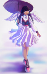 Size: 2225x3472 | Tagged: safe, artist:helenvitter, character:twilight sparkle, species:human, clothing, converse, dress, female, humanized, shoes, solo, umbrella, winged humanization, wings