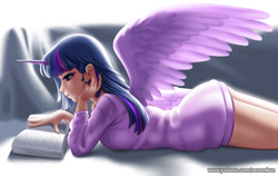 Size: 1000x630 | Tagged: safe, artist:racoonsan, character:twilight sparkle, character:twilight sparkle (alicorn), species:alicorn, species:human, species:pony, alicorn humanization, bed, book, female, horn, horned humanization, humanized, prone, reading, solo, spread wings, winged humanization, wings