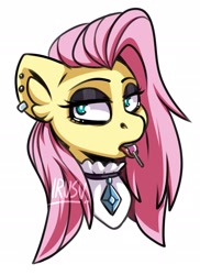 Size: 1055x1449 | Tagged: safe, artist:lrusu, character:fluttershy, species:pegasus, species:pony, bust, candy, ear piercing, earring, female, fluttergoth, food, jewelry, lollipop, mare, piercing, simple background, solo, white background