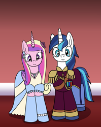 Size: 1271x1600 | Tagged: safe, artist:platinumdrop, character:princess cadance, character:shining armor, species:alicorn, species:pony, species:unicorn, ship:shiningcadance, bracelet, cinderella, clothing, diamond, dress, ear piercing, earring, female, flower, gem, gloves, gown, horn, jetlag productions, jewelry, male, mare, necklace, pants, piercing, prince, request, rose, shipping, stallion, stash, straight, uniform, wings