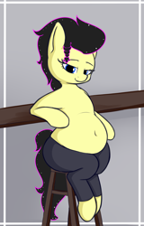 Size: 2030x3170 | Tagged: safe, artist:andelai, oc, oc only, oc:sunnie bun, species:earth pony, species:pony, bedroom eyes, belly, belly button, big belly, chubby, clothing, commission, female, large butt, mare, pants, sitting, smiling, solo, stool, yoga pants