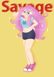Size: 2480x3507 | Tagged: safe, artist:mirona9, character:fluttershy, species:human, belly button, blouse, breasts, busty fluttershy, cat, clothing, commission, converse, female, gym shorts, hair accessory, hand on hip, humanized, midriff, savage, seductive, seductive pose, shoes, shorts, simple background, sneakers, solo, sparkles, sultry pose, text, ych result, yellow background