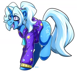 Size: 1865x1723 | Tagged: safe, artist:lrusu, gameloft, character:trixie, species:pony, species:unicorn, alternate hairstyle, babysitter trixie, clothing, ear piercing, female, gameloft interpretation, hair tie, hoodie, jacket, mare, open mouth, piercing, pigtails, ponytail, simple background, smiling, solo, twintails, white background