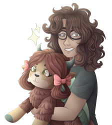 Size: 3500x3900 | Tagged: safe, artist:kikirdcz, character:yona, oc, species:human, species:yak, bow, cloven hooves, female, glasses, hair bow, human female, monkey swings, plushie, simple background, transparent background