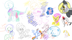 Size: 1920x1080 | Tagged: safe, artist:cutepencilcase, artist:fluffyxai, artist:jennithedragon, character:applejack, character:cozy glow, character:derpy hooves, character:dinky hooves, character:pinkie pie, character:rainbow dash, oc, species:earth pony, species:pegasus, species:pony, species:unicorn, drawpile disasters, mlpds, ponyfest 3, running, running in place, scared, snake, snow, snowball, space, space shuttle