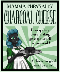 Size: 1418x1700 | Tagged: safe, artist:invisibleguy-ponyman, character:queen chrysalis, my little pony:equestria girls, apron, cheese, clothing, equestria girls-ified, female, food, housewife, lipstick, queen swissalis, solo, sunburst background, tray