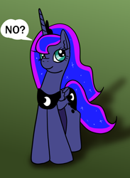 Size: 1170x1600 | Tagged: safe, artist:platinumdrop, character:princess luna, species:alicorn, species:pony, cute, dialogue, female, folded wings, horn, jewelry, looking back, mare, regalia, smiling, solo, thought bubble, wings