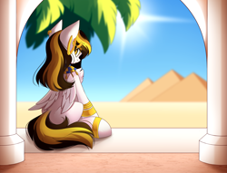 Size: 5241x4001 | Tagged: safe, artist:airiniblock, rcf community, oc, oc only, unnamed oc, species:pegasus, species:pony, desert, ear piercing, earring, egyptian, egyptian pony, female, gold, jewelry, looking at you, looking back, piercing, pyramid, sitting, solo