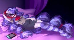 Size: 4920x2696 | Tagged: safe, artist:airiniblock, rcf community, oc, oc only, oc:cinnabyte, species:anthro, species:earth pony, species:unguligrade anthro, g4, absurd resolution, anthro oc, bed, bedroom, clothing, commission, earth pony oc, female, gamer, glasses, headset, looking at you, lying down, nintendo switch, pillow, skirt, socks, solo, striped socks