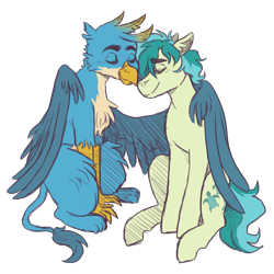Size: 1800x1800 | Tagged: safe, artist:kikirdcz, character:gallus, character:sandbar, species:earth pony, species:griffon, species:pony, ship:gallbar, commission, cute, eyes closed, gallabetes, gay, hug, interspecies, male, nuzzling, sandabetes, shipping, simple background, transparent background, winghug