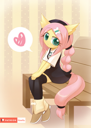 Size: 1000x1407 | Tagged: safe, artist:howxu, character:fluttershy, species:anthro, alternate hairstyle, bench, cute, dialogue, female, hairpin, heart, looking at you, shyabetes, sitting, solo, speech bubble