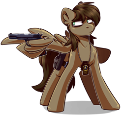 Size: 918x871 | Tagged: safe, artist:lrusu, oc, oc only, oc:paper trail, species:pegasus, species:pony, badge, gun, handgun, holster, looking left, m1911, male, pistol, shading, simple background, stallion, transparent background, weapon, wing hands, wings