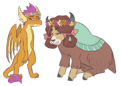 Size: 2400x1700 | Tagged: safe, artist:kikirdcz, character:smolder, character:yona, species:dragon, species:yak, blushing, bow, cloven hooves, commission, cute, eyes closed, female, floral head wreath, flower, hair bow, lesbian, lidded eyes, monkey swings, shipping, simple background, sitting, smiling, smolder is not amused, smolderbetes, transparent background, unamused, varying degrees of amusement, varying degrees of want, yonadorable, yonder
