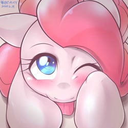 Size: 1536x1536 | Tagged: safe, artist:kurogewapony, character:pinkie pie, species:earth pony, species:pony, blushing, daily pinkie pie, female, looking at you, mare, one eye closed, solo, tongue out