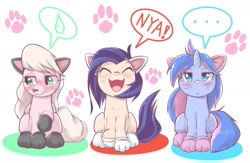 Size: 2129x1390 | Tagged: safe, artist:kurogewapony, oc, oc only, oc:moff cloud, oc:slowly flame, oc:southern sail, species:earth pony, species:pegasus, species:pony, species:unicorn, behaving like a cat, blushing, cat ears, cat paws, embarrassed, female, looking at you, mare, nya, unamused