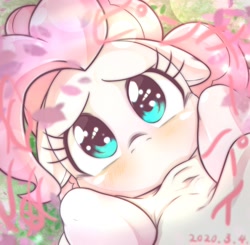 Size: 1386x1360 | Tagged: safe, artist:kurogewapony, character:pinkie pie, species:earth pony, species:pony, blushing, bust, daily pinkie pie, female, floppy ears, furrowed brow, looking at you, mare, solo