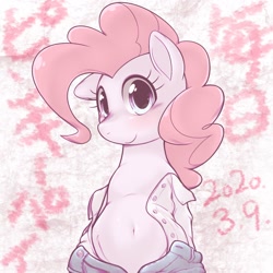 Size: 1536x1536 | Tagged: safe, artist:kurogewapony, character:pinkie pie, species:earth pony, species:pony, belly button, clothing, daily pinkie pie, female, looking at you, mare, unbuttoned